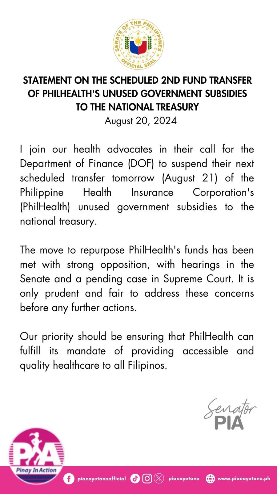 Statement on the Scheduled 2nd Fund Transfer of PhilHealth’s Unused Government Subsidies to the National Treasury